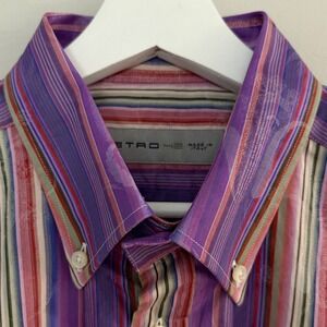 Etro Milano Mens 42 Purple Striped Paisley Jacquard Cotton Button Down Shirt